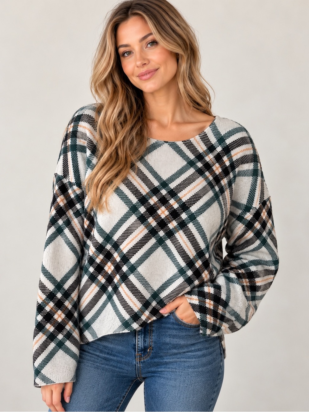 Tahari Plaid Knit Sweater XL Green Black Cream Long Sleeve Pullover